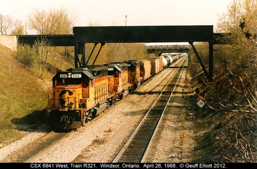 CSXT #6841 leads CSX train R321 west over the Canada Southern towards the Detroit River Tunnel - April 26, 1988.  Photograph by Geoff Elliott