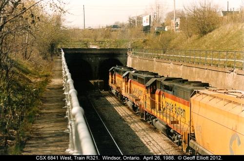 CSXT #6841 leads CSX train R321 into the Detroit River Tunnel - April 26, 1988.  Photograph by Geoff Elliott