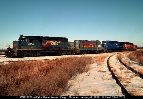 January 4, 1989 - CSXT Grain Train power on the CASO in Fargo, Ontario.  Photograph by Geoff Elliott